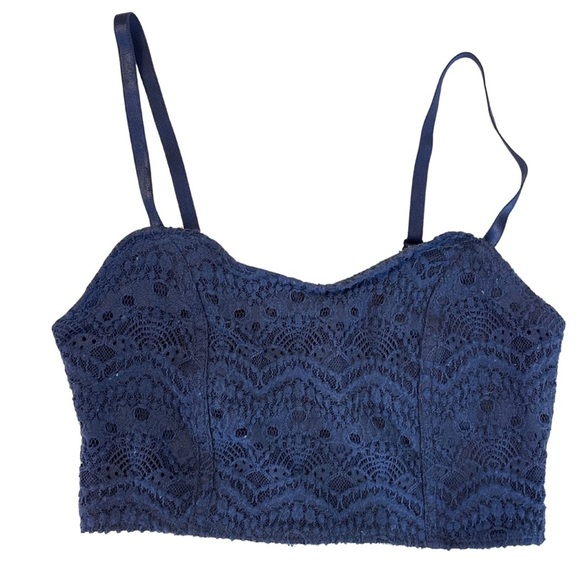 Navy Blue Lace Crop Top with Scalloped Design - Picture 1 of 8